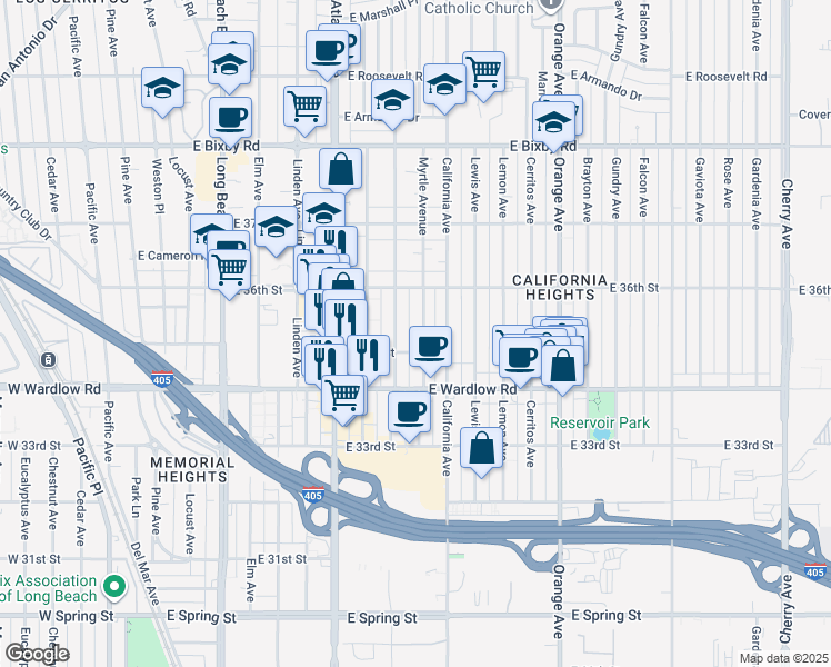 map of restaurants, bars, coffee shops, grocery stores, and more near 3511 Myrtle Avenue in Long Beach