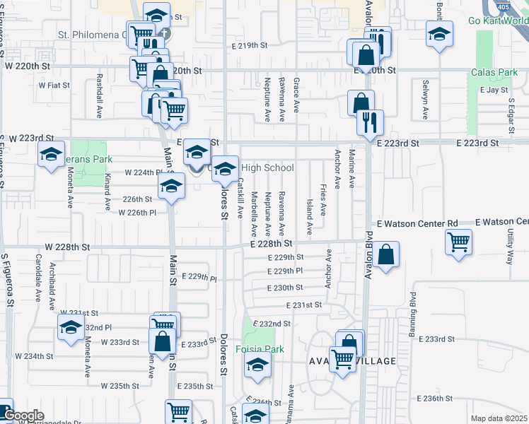 map of restaurants, bars, coffee shops, grocery stores, and more near 22623 Neptune Avenue in Carson