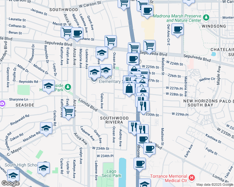 map of restaurants, bars, coffee shops, grocery stores, and more near 3904 West 228th Place in Torrance