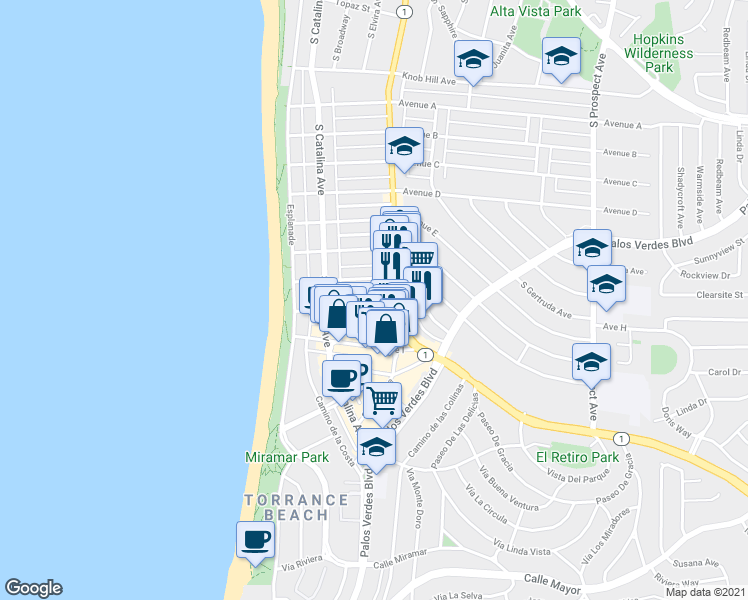 map of restaurants, bars, coffee shops, grocery stores, and more near 231 Avenue H in Redondo Beach