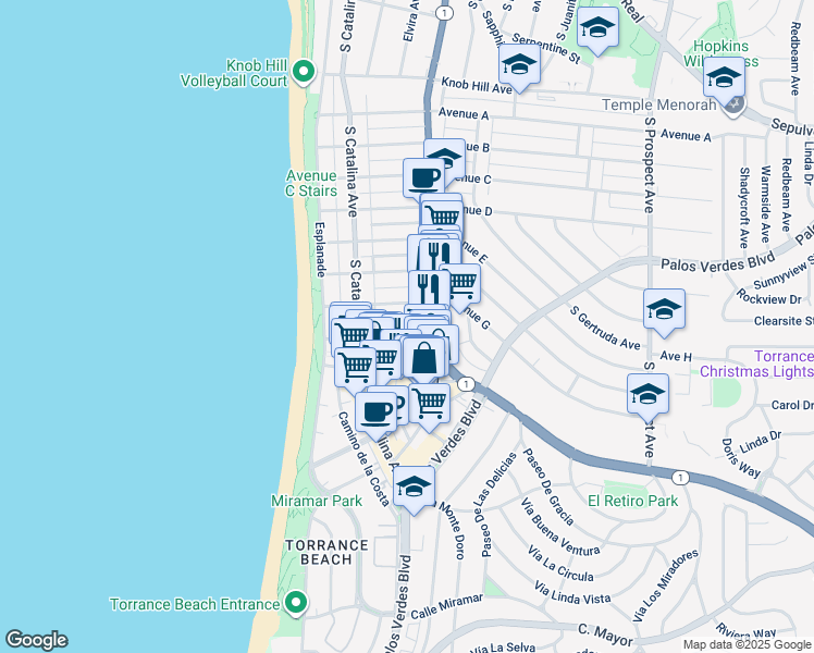 map of restaurants, bars, coffee shops, grocery stores, and more near 231 Avenue H in Redondo Beach