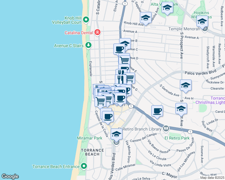 map of restaurants, bars, coffee shops, grocery stores, and more near 205 Avenue H in Redondo Beach