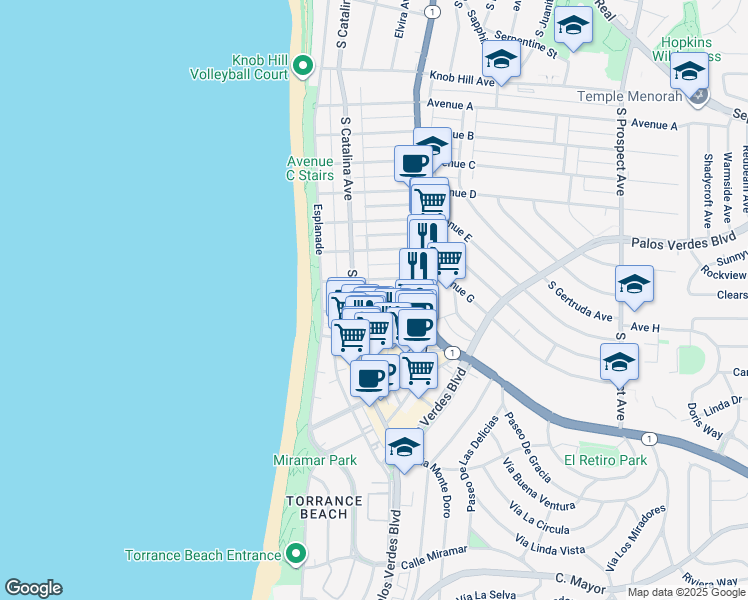 map of restaurants, bars, coffee shops, grocery stores, and more near 205 Avenue H in Redondo Beach