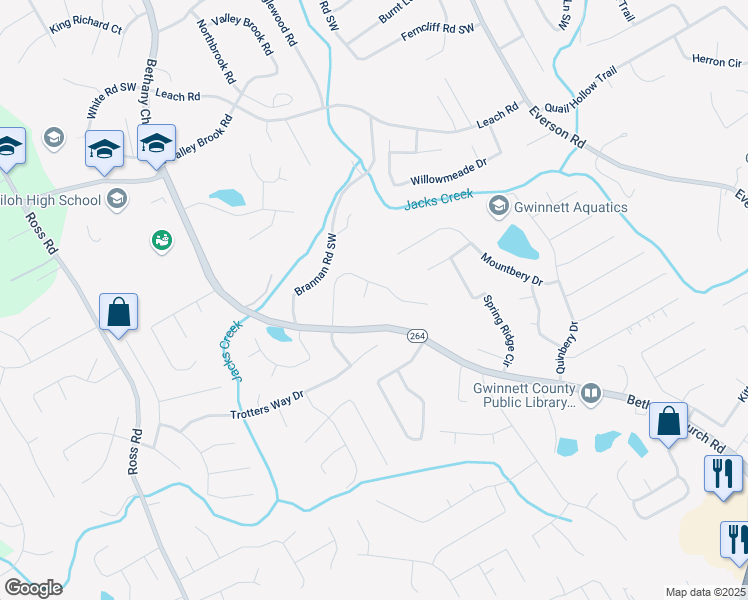 map of restaurants, bars, coffee shops, grocery stores, and more near 2814 Brackenwood Drive in Snellville