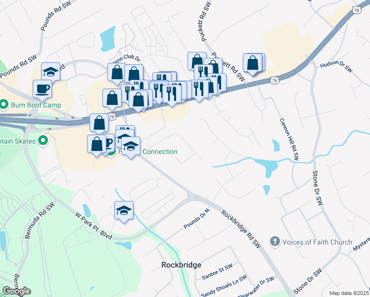 map of restaurants, bars, coffee shops, grocery stores, and more near 5166 Vivid Drive Southwest in Stone Mountain