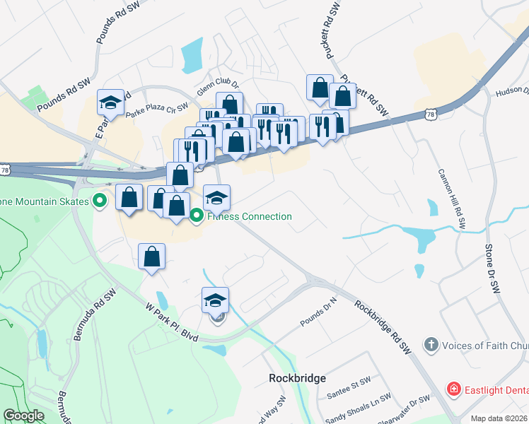 map of restaurants, bars, coffee shops, grocery stores, and more near 5246 Vivid Drive Southwest in Stone Mountain
