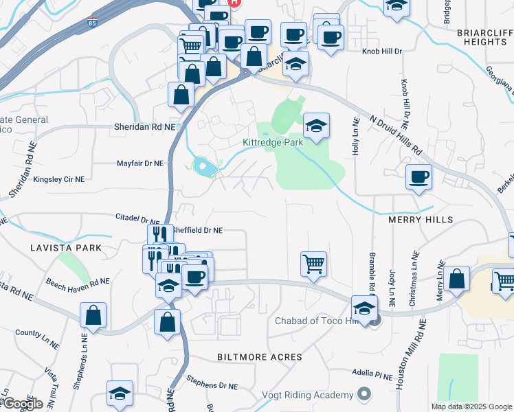 map of restaurants, bars, coffee shops, grocery stores, and more near 1472 Lachona Court Northeast in Atlanta