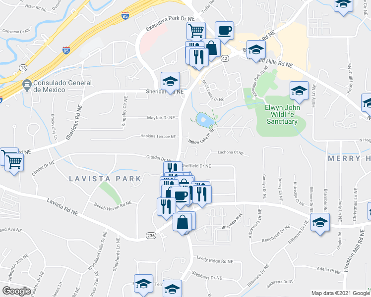 map of restaurants, bars, coffee shops, grocery stores, and more near 1344 Sheffield Glen Way Northeast in Atlanta