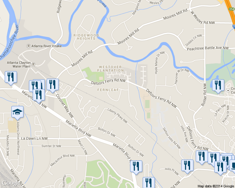 map of restaurants, bars, coffee shops, grocery stores, and more near 1734 Fernleaf Circle Northwest in Atlanta