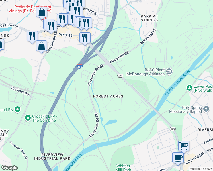 map of restaurants, bars, coffee shops, grocery stores, and more near 2337 Elmwood Circle Southeast in Atlanta