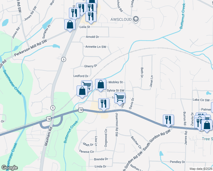 map of restaurants, bars, coffee shops, grocery stores, and more near 5490 June Drive Southwest in Austell
