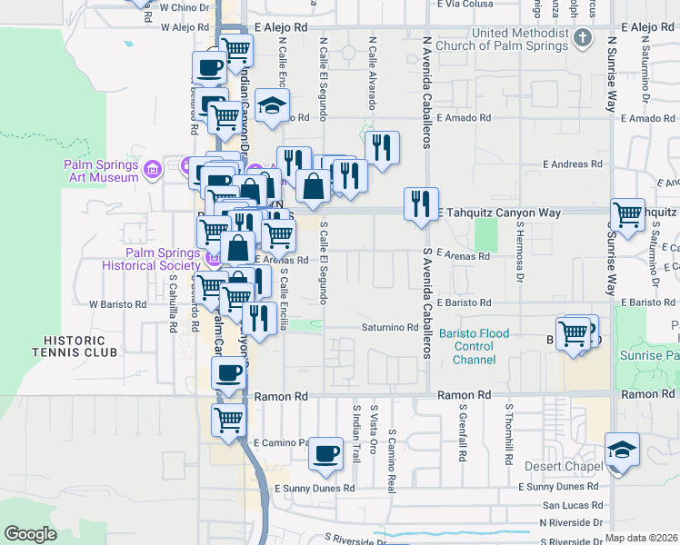 map of restaurants, bars, coffee shops, grocery stores, and more near 671 East Arenas Road in Palm Springs