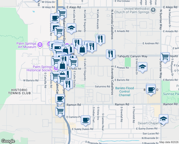 map of restaurants, bars, coffee shops, grocery stores, and more near 671 East Arenas Road in Palm Springs