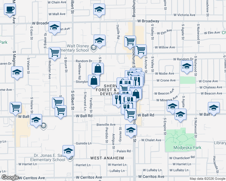 map of restaurants, bars, coffee shops, grocery stores, and more near 2258 West Colchester Drive in Anaheim