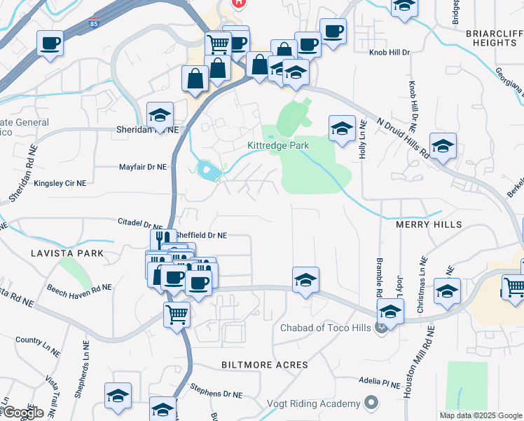 map of restaurants, bars, coffee shops, grocery stores, and more near 1472 Lachona Court Northeast in Atlanta