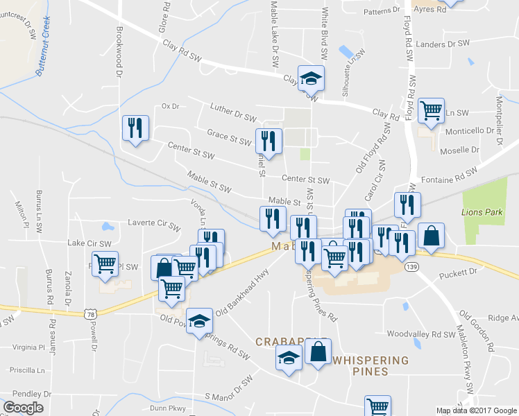 map of restaurants, bars, coffee shops, grocery stores, and more near 1049 Mable Street Southwest in Mableton