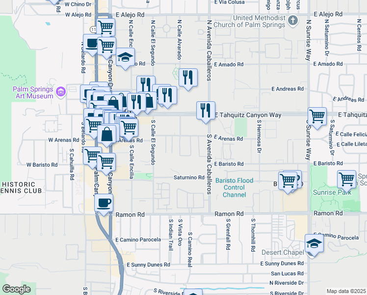 map of restaurants, bars, coffee shops, grocery stores, and more near 827 East Arenas Road in Palm Springs