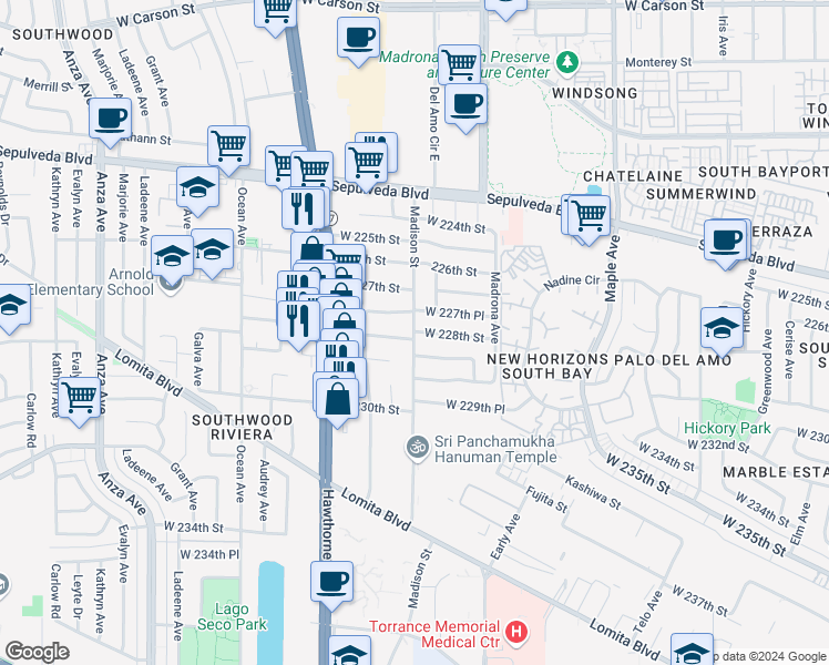 map of restaurants, bars, coffee shops, grocery stores, and more near West 228th Street in Torrance