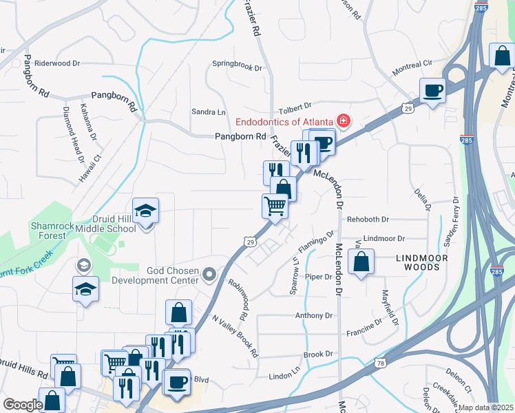 map of restaurants, bars, coffee shops, grocery stores, and more near 3012 Delcourt Drive in Decatur