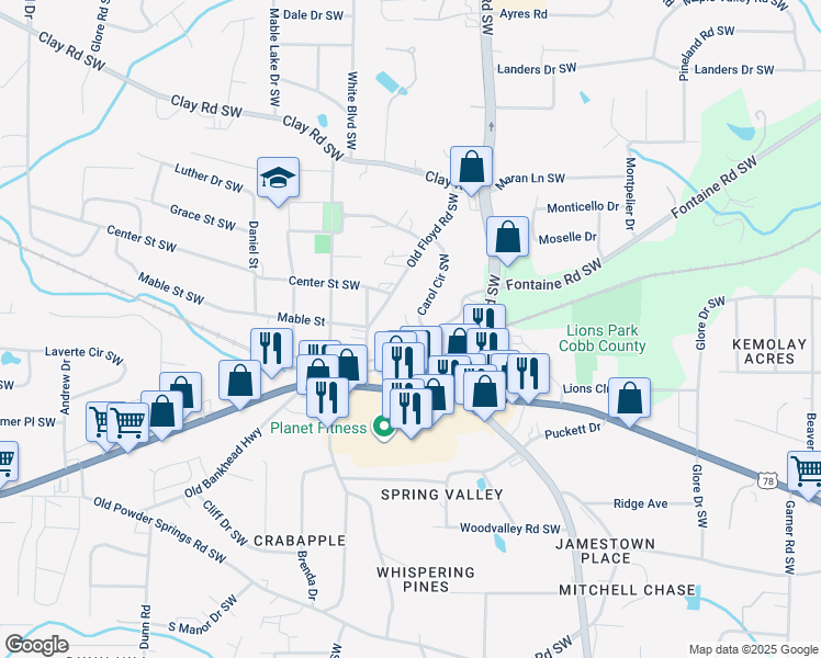 map of restaurants, bars, coffee shops, grocery stores, and more near 5443 Blossomwood Trail Southwest in Mableton