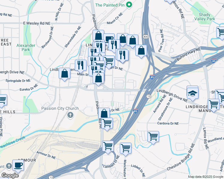 map of restaurants, bars, coffee shops, grocery stores, and more near 690 Lindbergh Drive in Atlanta