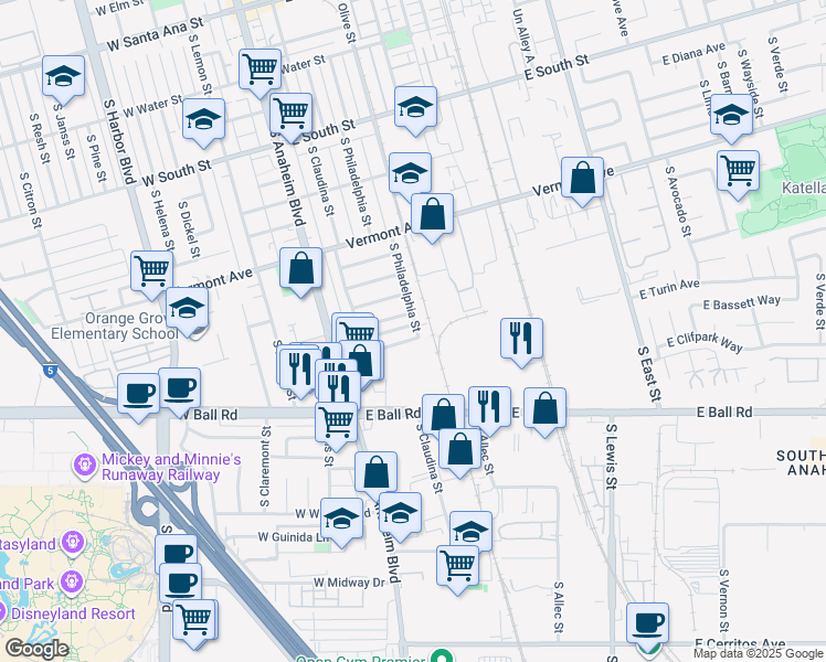 map of restaurants, bars, coffee shops, grocery stores, and more near 311 East Clifton Avenue in Anaheim