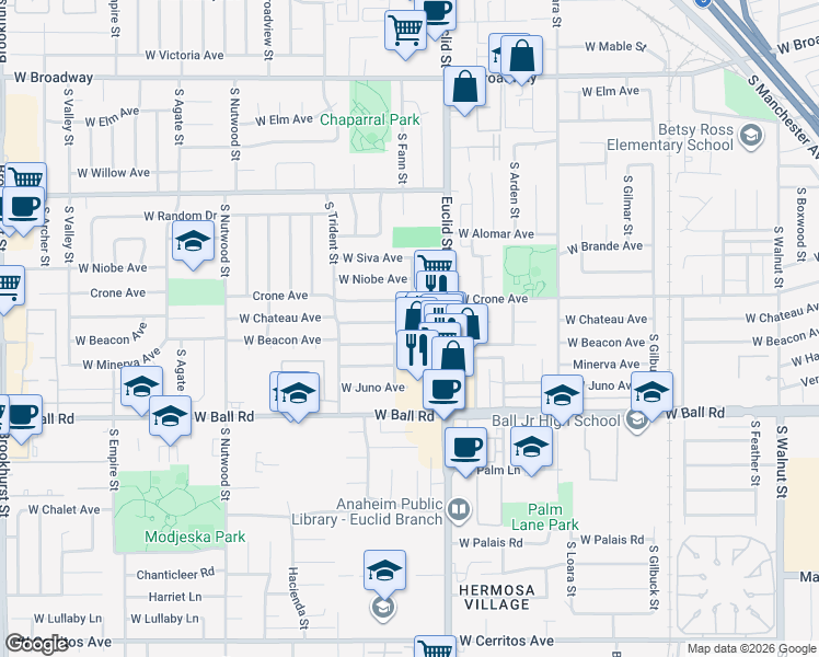 map of restaurants, bars, coffee shops, grocery stores, and more near 1728 West Chateau Avenue in Anaheim