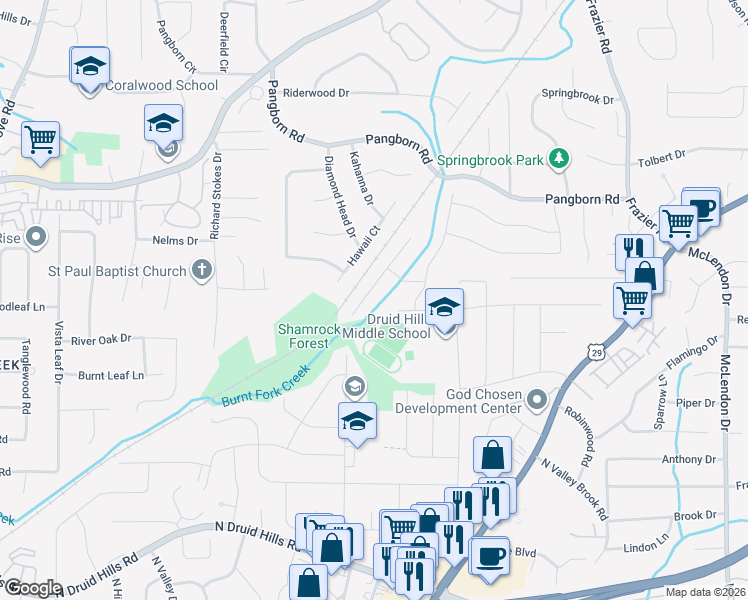 map of restaurants, bars, coffee shops, grocery stores, and more near 2709 Millwood Ct in Decatur