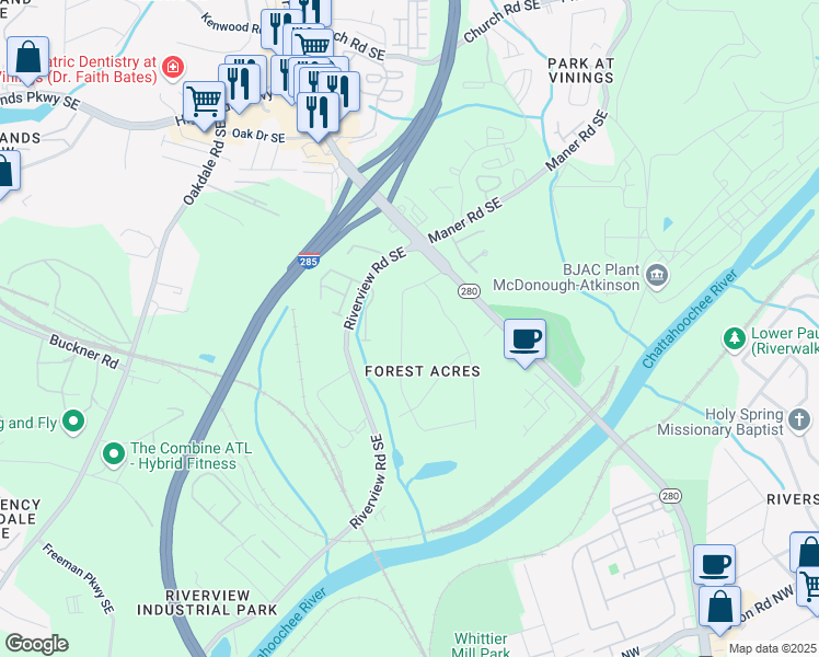 map of restaurants, bars, coffee shops, grocery stores, and more near 2337 Elmwood Circle Southeast in Atlanta