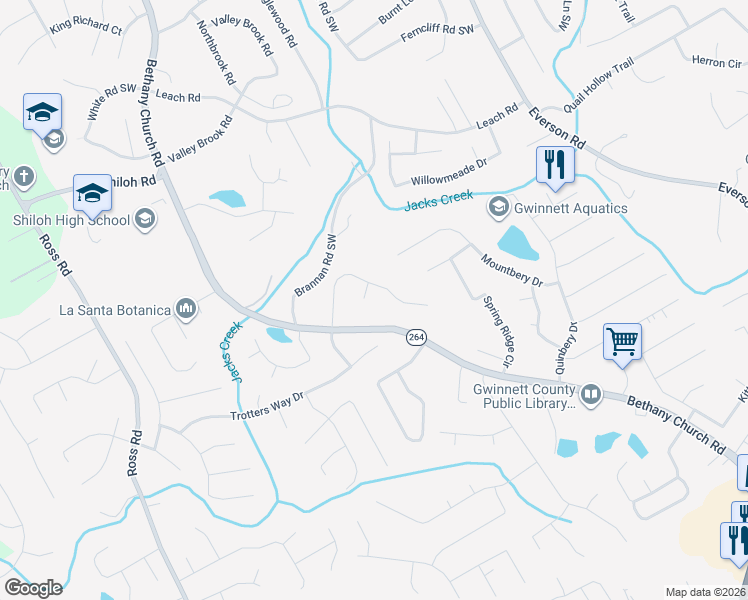 map of restaurants, bars, coffee shops, grocery stores, and more near 2814 Brackenwood Court in Snellville
