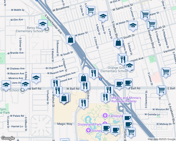 map of restaurants, bars, coffee shops, grocery stores, and more near 888 Disneyland Drive in Anaheim