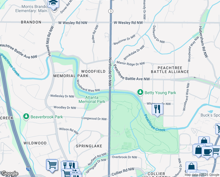 map of restaurants, bars, coffee shops, grocery stores, and more near 2507 Northside Drive Northwest in Atlanta