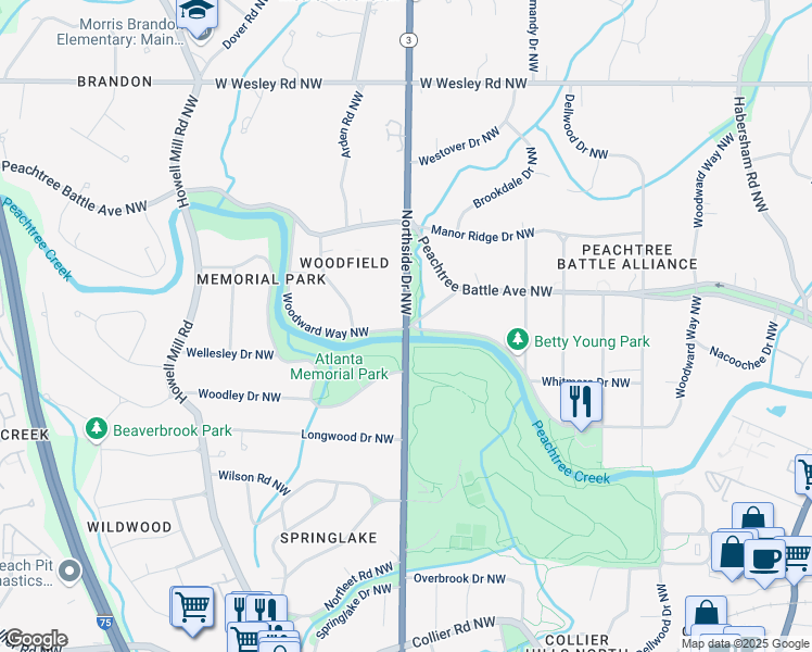 map of restaurants, bars, coffee shops, grocery stores, and more near 2507 Northside Drive Northwest in Atlanta