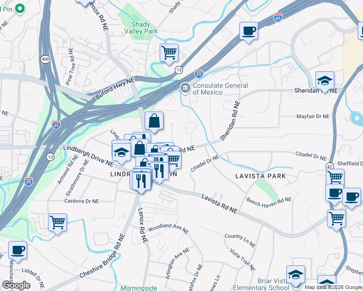 map of restaurants, bars, coffee shops, grocery stores, and more near 1208 Sheridan Road Northeast in Atlanta