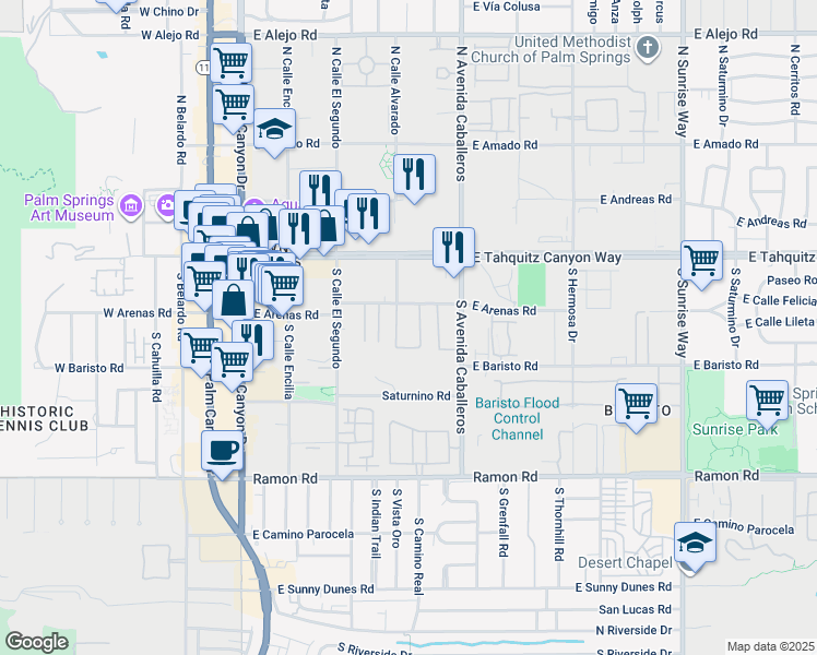 map of restaurants, bars, coffee shops, grocery stores, and more near 877 East Arenas Road in Palm Springs