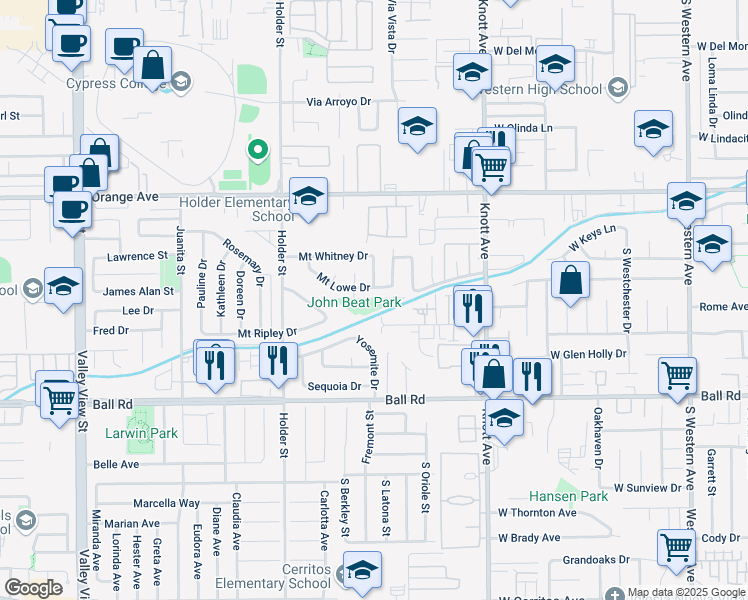 map of restaurants, bars, coffee shops, grocery stores, and more near 6660 Mount Shasta Circle in Buena Park