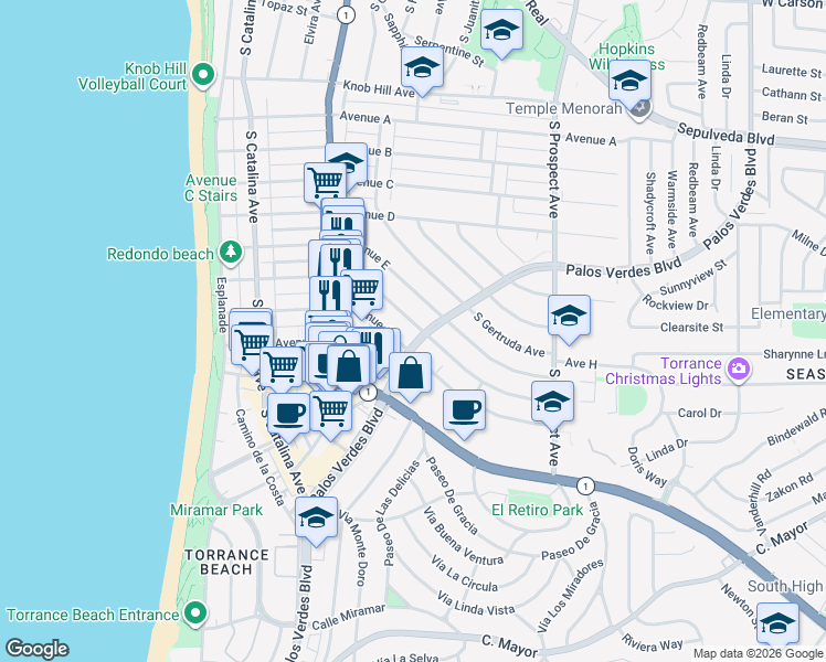 map of restaurants, bars, coffee shops, grocery stores, and more near 340 Avenue F in Redondo Beach