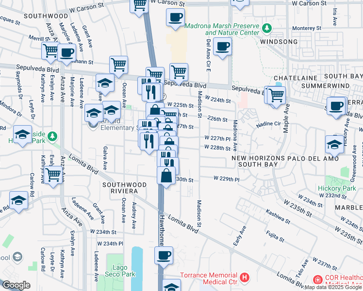 map of restaurants, bars, coffee shops, grocery stores, and more near 22748 Samuel Street in Torrance