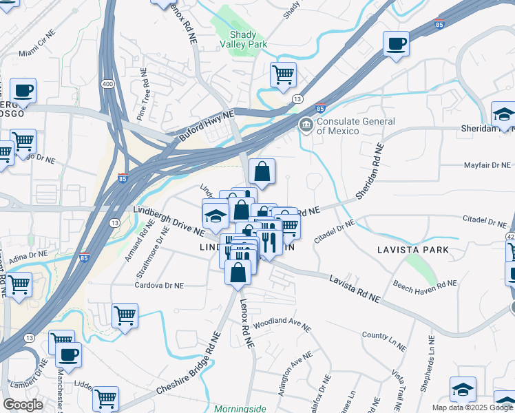map of restaurants, bars, coffee shops, grocery stores, and more near 2419 Cheshire Bridge Road Northeast in Atlanta