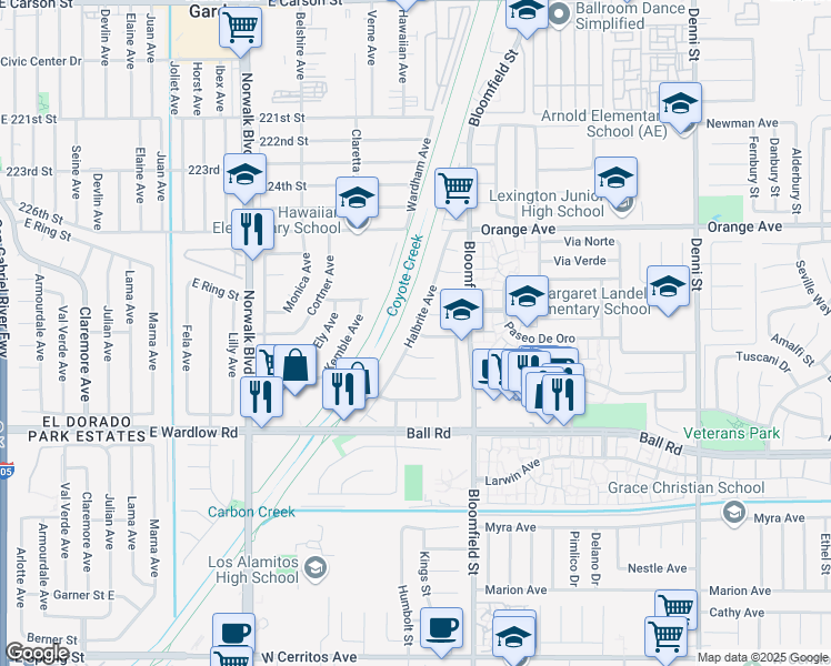 map of restaurants, bars, coffee shops, grocery stores, and more near Halbrite Avenue in Long Beach