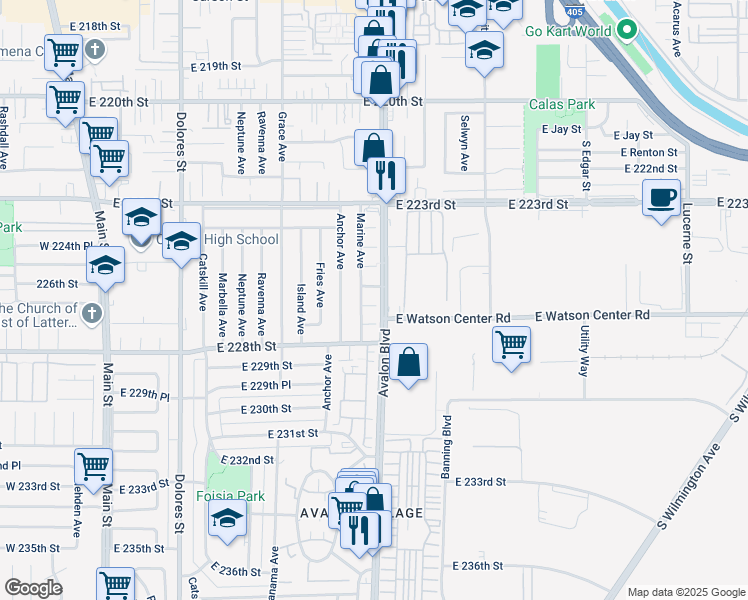 map of restaurants, bars, coffee shops, grocery stores, and more near 602 East 226th Place in Carson