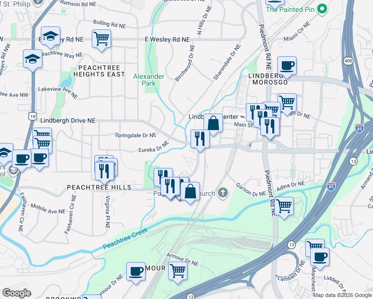 map of restaurants, bars, coffee shops, grocery stores, and more near 480 Peachtree Hills Avenue Northeast in Atlanta