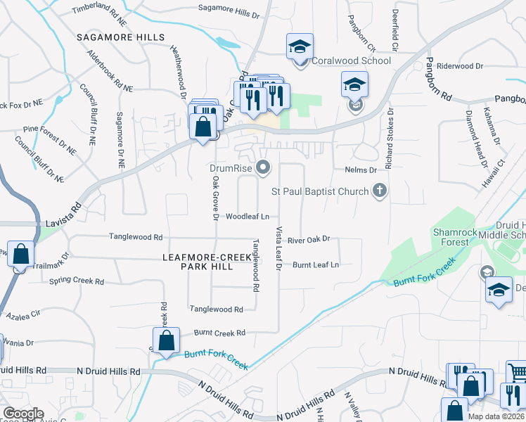 map of restaurants, bars, coffee shops, grocery stores, and more near 1522 Montevallo Circle in Decatur