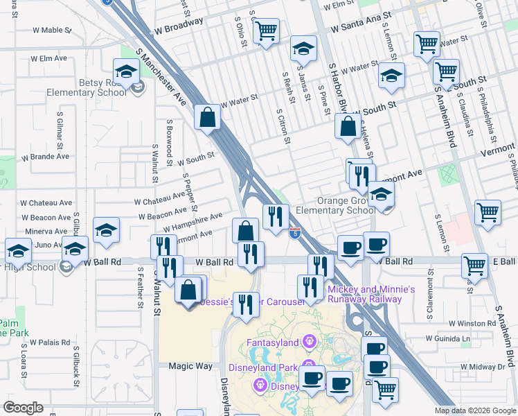 map of restaurants, bars, coffee shops, grocery stores, and more near 888 Disneyland Drive in Anaheim