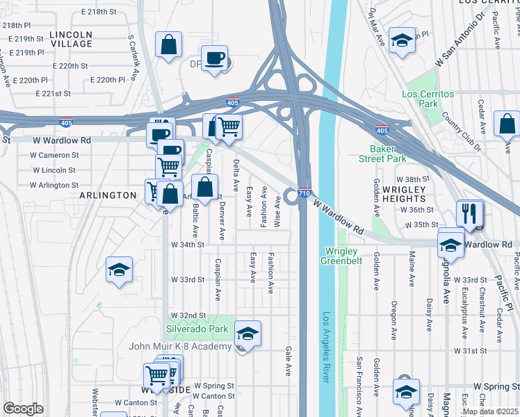 map of restaurants, bars, coffee shops, grocery stores, and more near 3541 Fashion Avenue in Long Beach