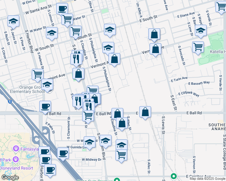 map of restaurants, bars, coffee shops, grocery stores, and more near 1018 South Philadelphia Street in Anaheim