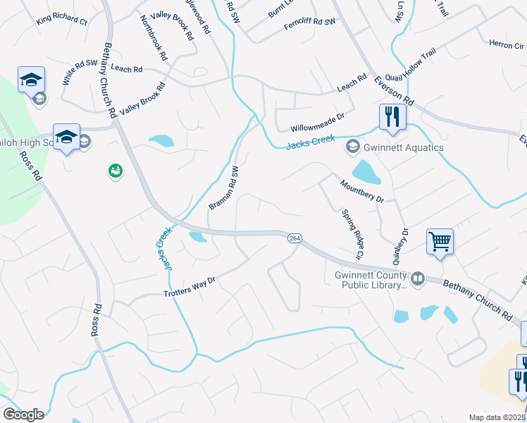 map of restaurants, bars, coffee shops, grocery stores, and more near 2814 Brackenwood Drive in Snellville
