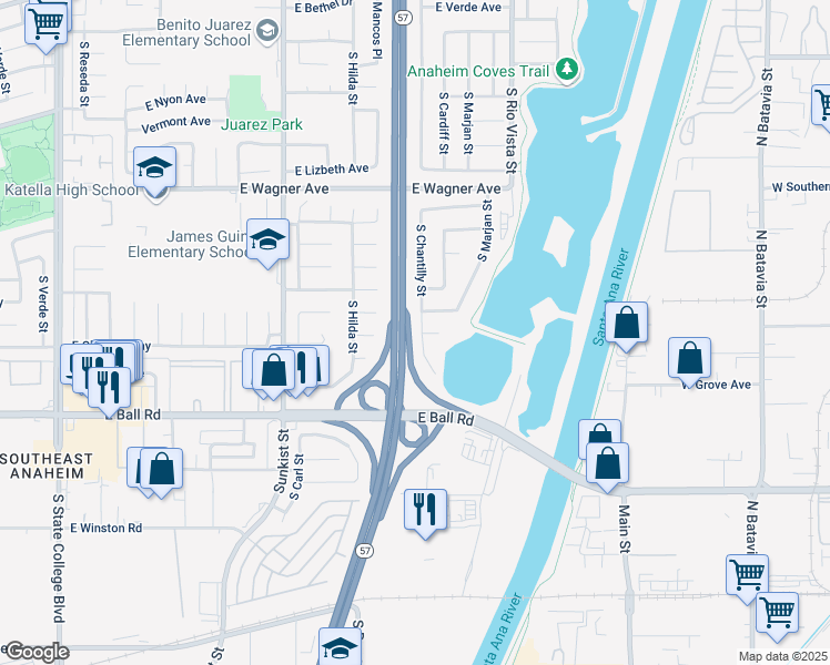 map of restaurants, bars, coffee shops, grocery stores, and more near 1133 South Chantilly Street in Anaheim