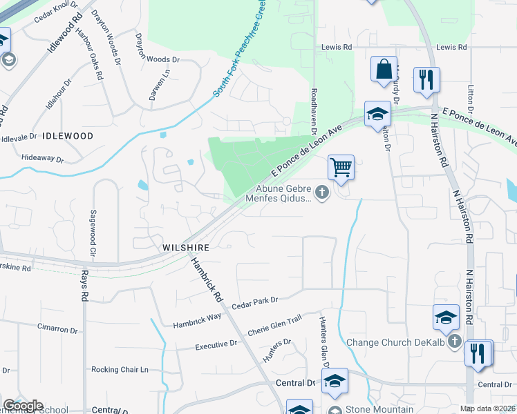 map of restaurants, bars, coffee shops, grocery stores, and more near 1372 Woodland Forest Lane in Stone Mountain