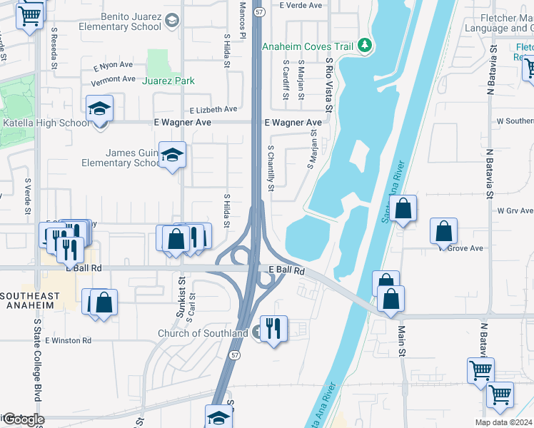 map of restaurants, bars, coffee shops, grocery stores, and more near 1133 South Chantilly Street in Anaheim